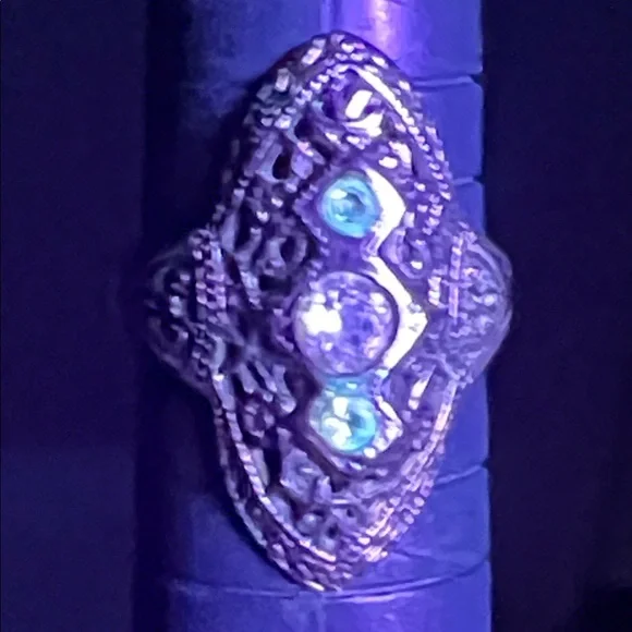 Antique Art Deco Ornate Filigree Sterling Silver Paste Diamond Statement Ring - Picture 11 of 11